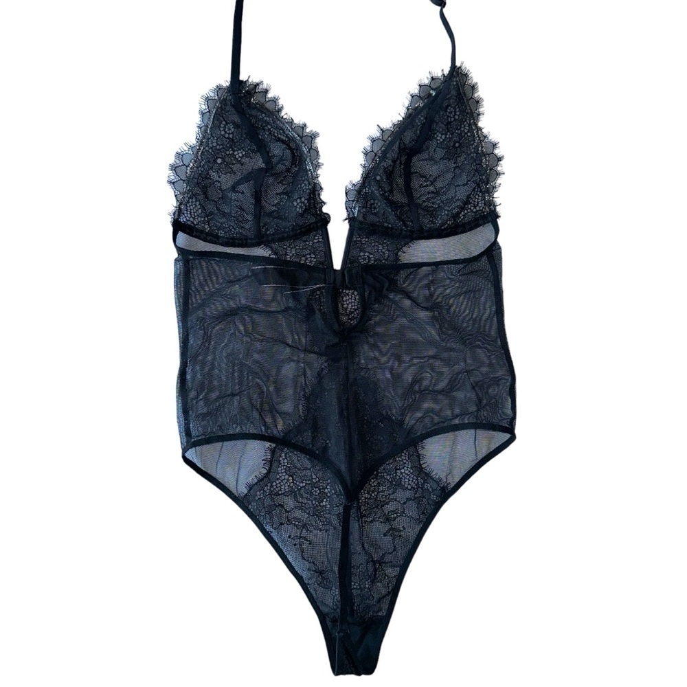 VICTORIA'S SECRET SEXY BLACK LACE MESH SLIP-ON BODYSUIT  ONE-PIECE LINGERIE S - Picture 2 of 16